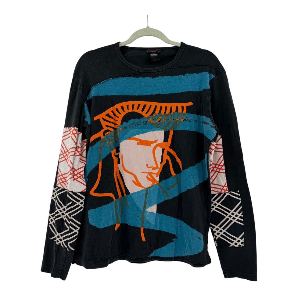 Custo Barcelona Black Graphic Long Sleeve Tee Artistic Face Patchwork Size 3